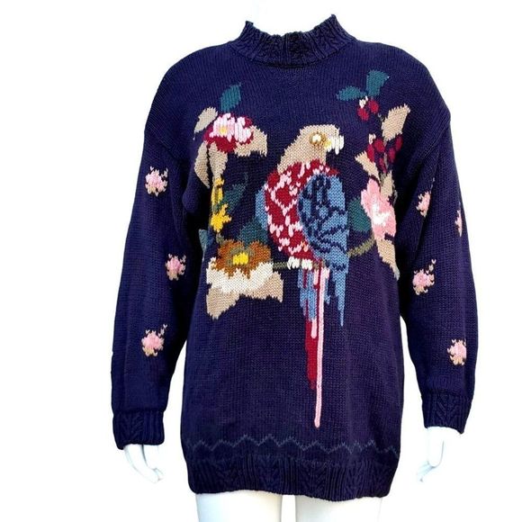 terazzia Sweaters - 80s Sweater Plus Size Black Knit Parrot Tarazzia Cotton Volup Vintage Hong Kong